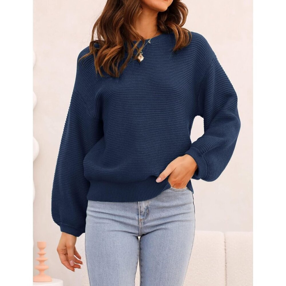 Women's Pullover Sweater Tops Navy Crew Neck Long Sleeve Casual Loose Knit - Picture 9 of 9